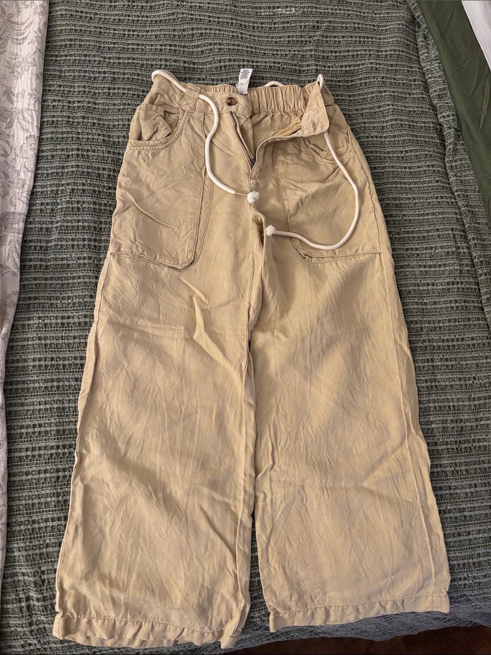 Light Yellow Wide-Leg Drawstring Linen Pants